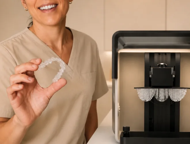Aligneur transparent devant l’imprimante 3D